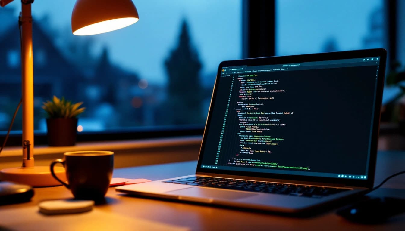 Dev analisando um plano de refatoração no terminal do Claude Code, com Visual Studio Code aberto ao fundo numa mesa iluminada por lamparina