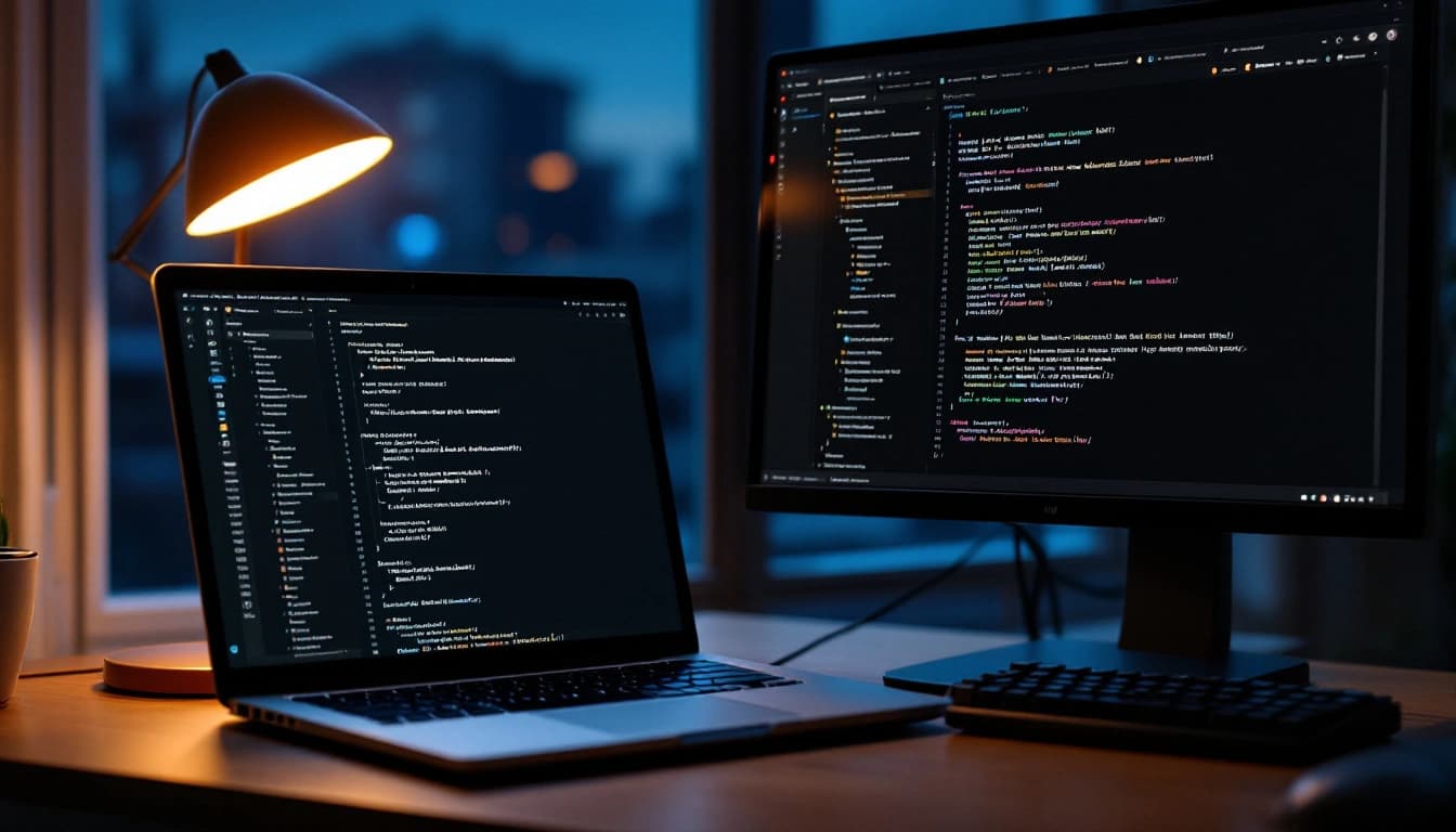 Desenvolvedor de madrugada comparando Claude Code no terminal e Cursor no editor em um projeto C# .NET