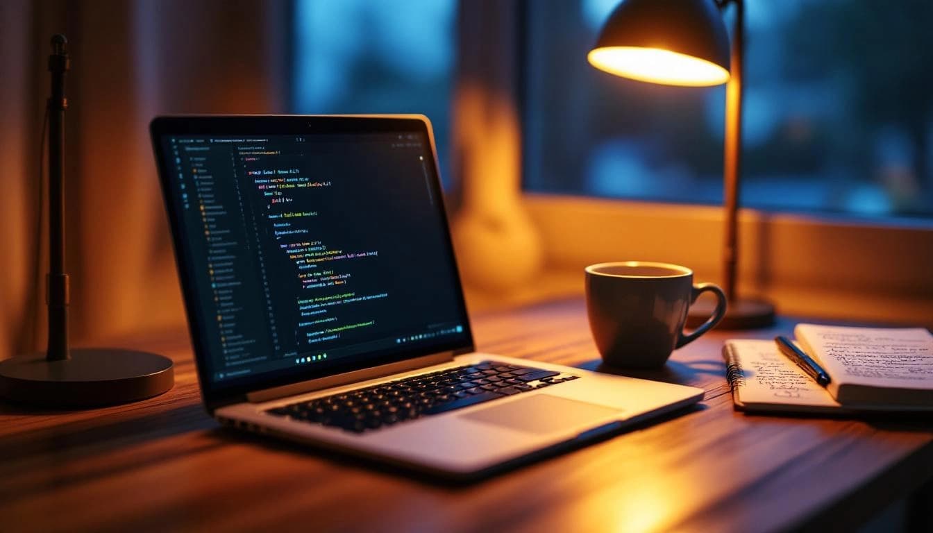 Desenvolvedor escrevendo código C# no VS Code com tema escuro, mesa iluminada por abajur em ambiente noturno