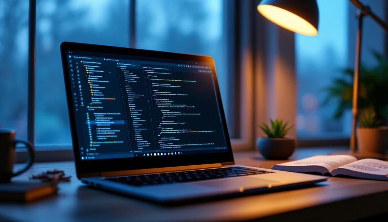 Desenvolvedor estudando C# à madrugada com laptop iluminado por abajur quente, janela com luz pré-amanhecer