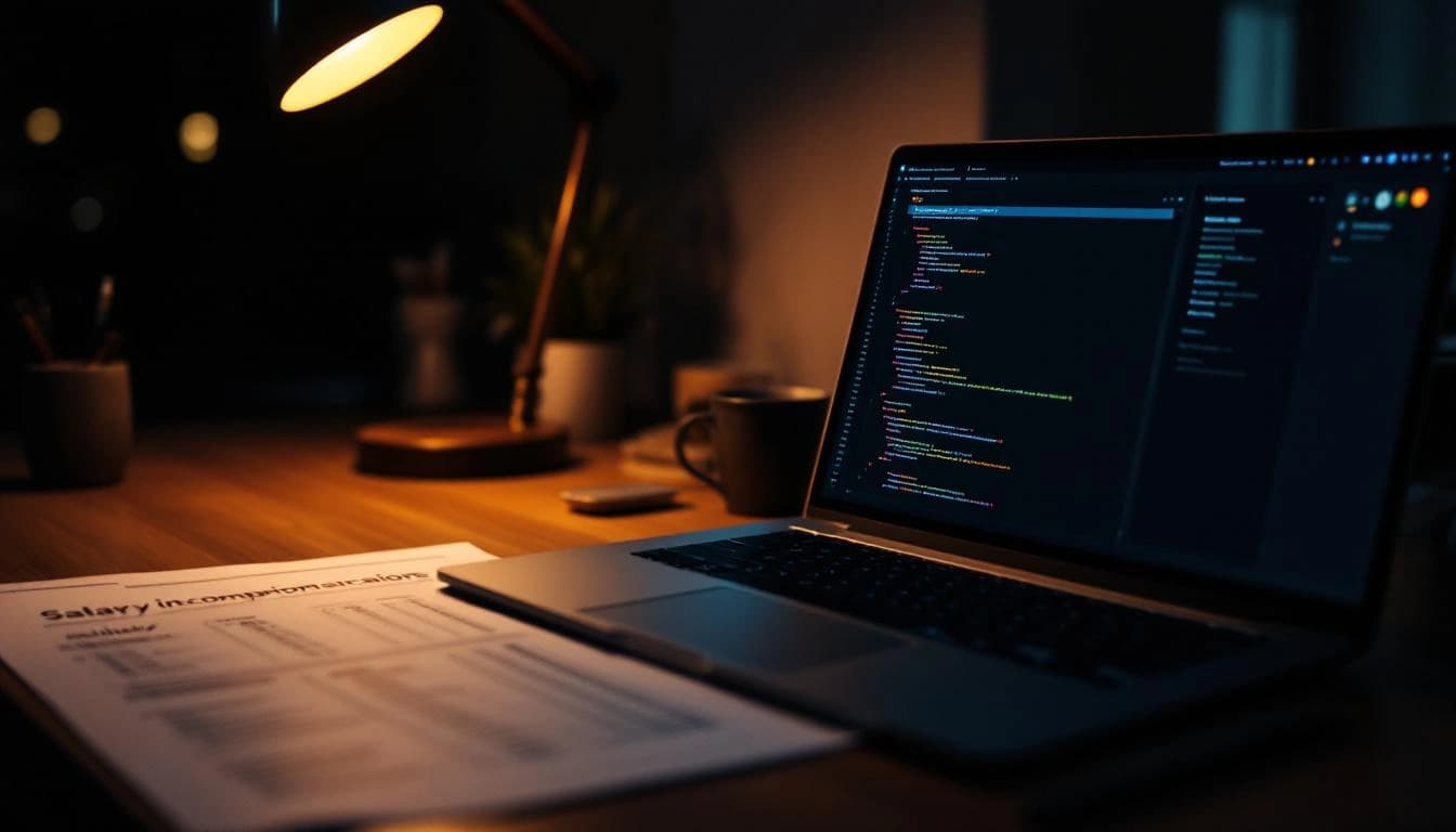 Desenvolvedor C# trabalhando à noite com laptop mostrando código e dados de mercado ao fundo