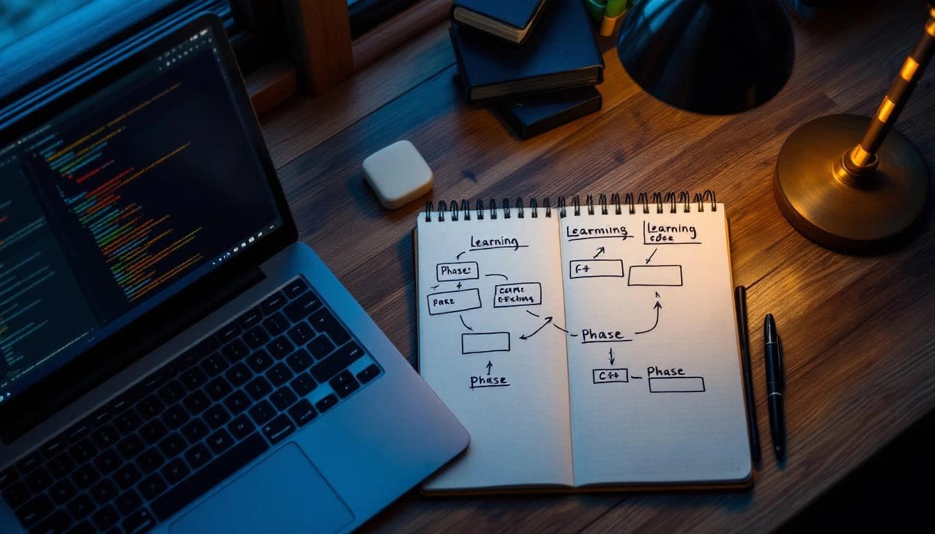 Desenvolvedor estudando C# à noite com caderno de roadmap ao lado do laptop, luz de abajur quente