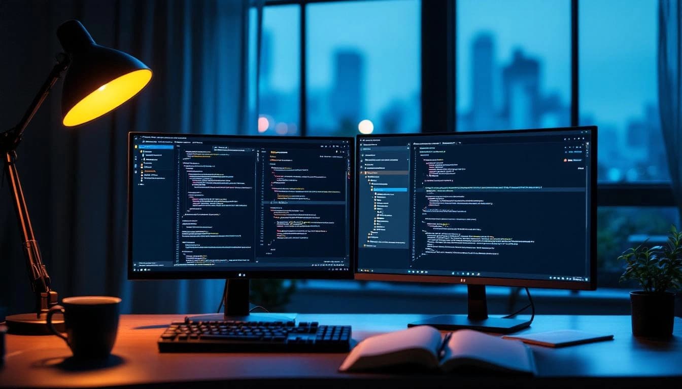 Desenvolvedor de madrugada com dois terminais abertos comparando Claude Code e GitHub Copilot em projeto C# .NET