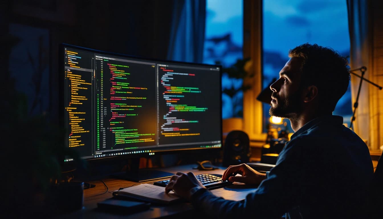Dev trabalhando de madrugada com monitor mostrando terminal do Claude Code e código C# em tema escuro
