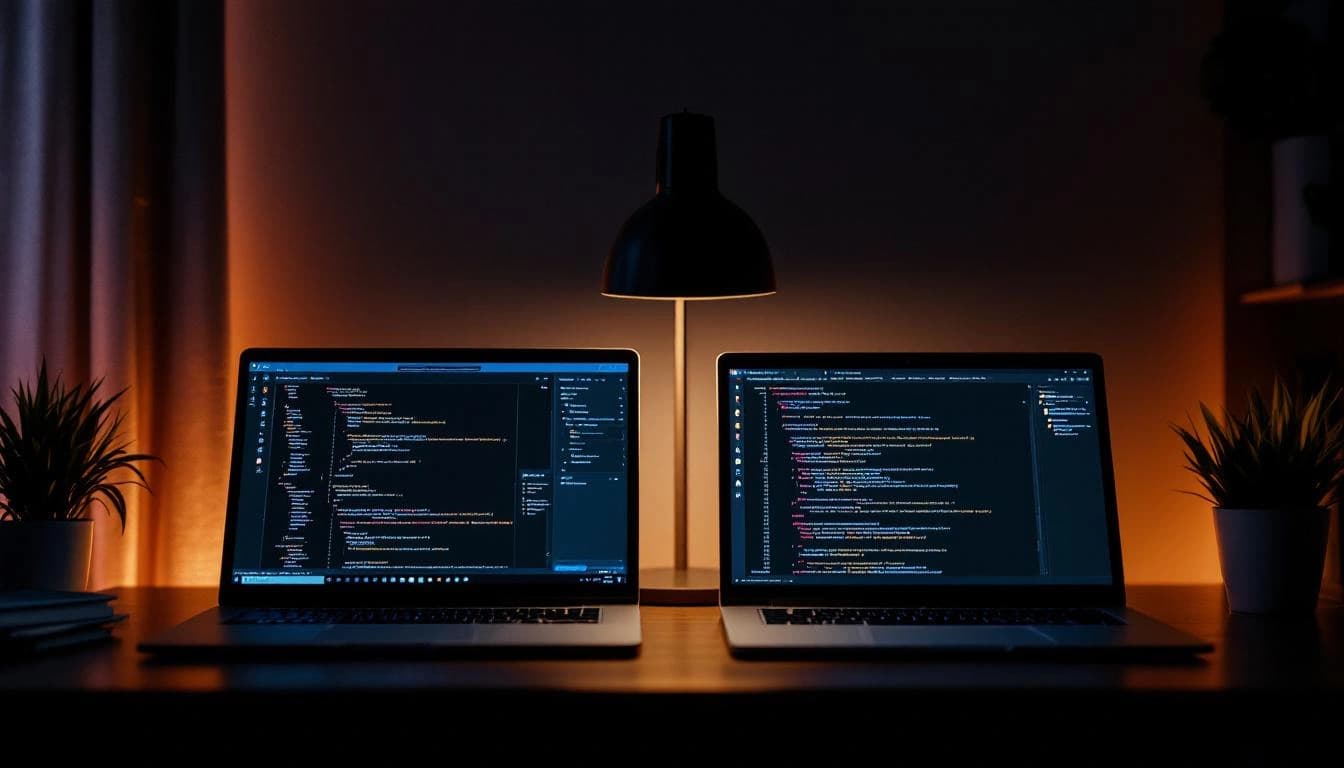 Dois monitores lado a lado em workspace noturno, um com código C# e outro com Python, luz de abajur