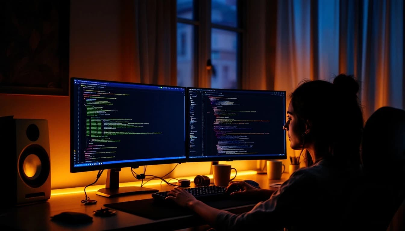 Dev de madrugada comparando terminais do Grok Build e Claude Code em monitor com tema escuro