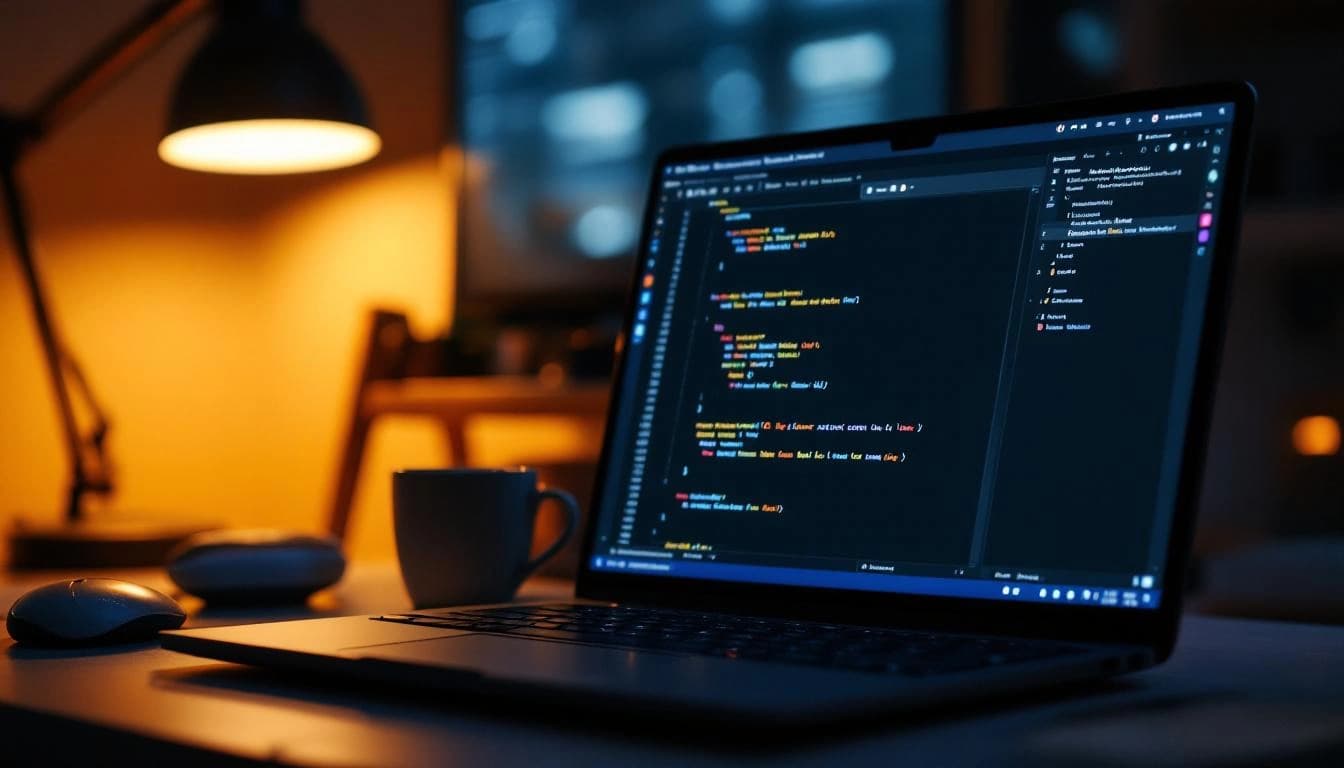 Dev iniciante criando seu primeiro programa em C# no Visual Studio, à luz de um abajur, com xícara de café ao lado