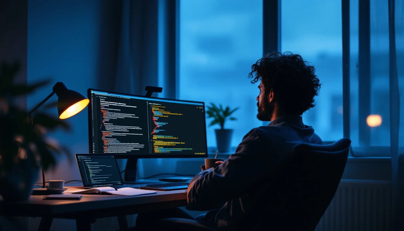Desenvolvedor de madrugada lendo a notícia da aquisição do Cursor pela SpaceX no monitor, com terminal C# aberto ao lado