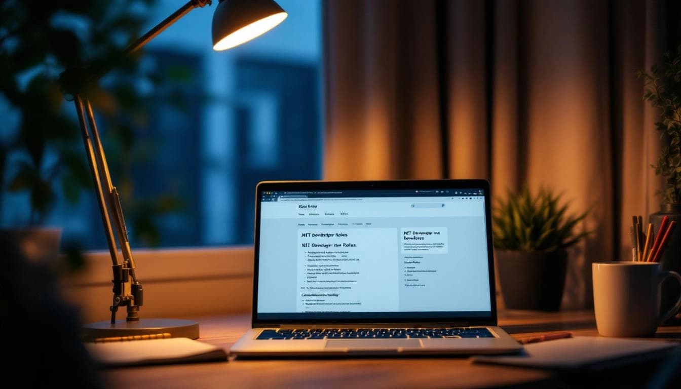 Desenvolvedor em seus 30 anos estudando à madrugada com laptop, janela com luz azul pré-amanhecer
