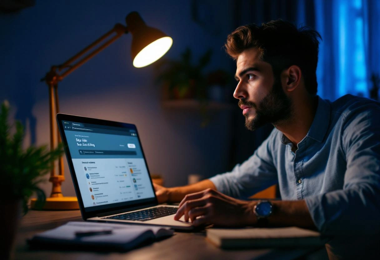Laptop aberto à noite com plataforma de vagas de emprego na tela, pilha de livros técnicos ao lado