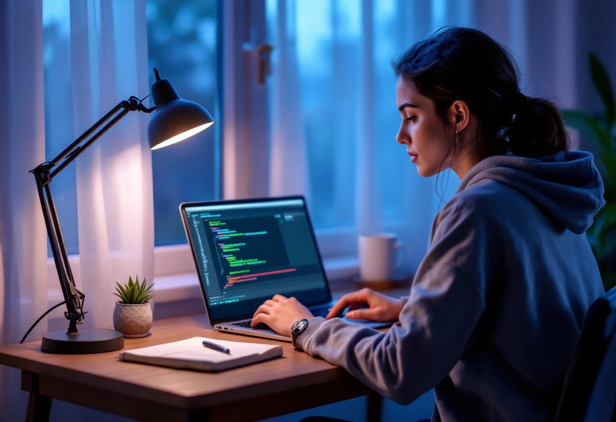 Estudante resolvendo exercício de programação no laptop em casa, durante a madrugada, com luminária acesa