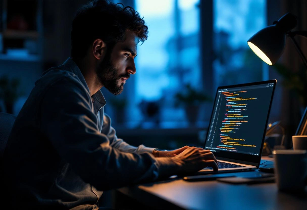 Desenvolvedor reviando código no laptop à noite com expressão concentrada, abajur aceso